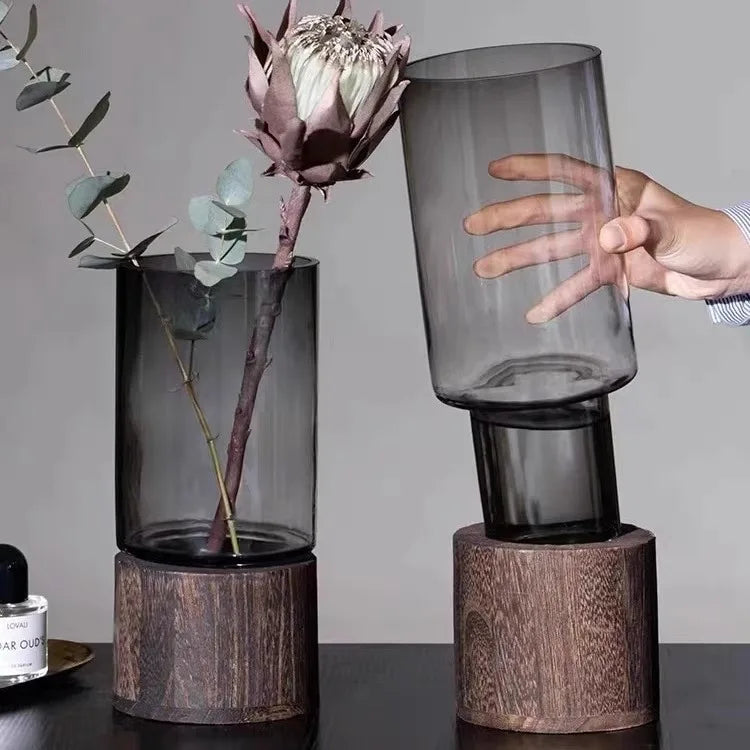 Nordic Glass Vase Cylindrical Design With Wooden Base For Kitchen Hydroponics Dining Room Table Floral Arrangements For Modern Interiors