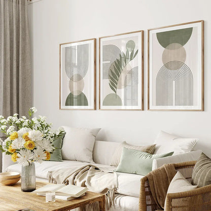 Set of 3Pcs Neutral Colors Beige Green Abstract Geometric Botanical Wall Art Fine Art Canvas Prints Pictures For Living Room Dining Room Art Decor