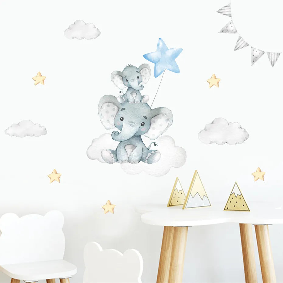 Cute Blue Moon Elephant & Stars Wall Stickers For Nursery Room Decor Removable Peel & Stick Wall Decals For Creative DIY Kid's Room Decor