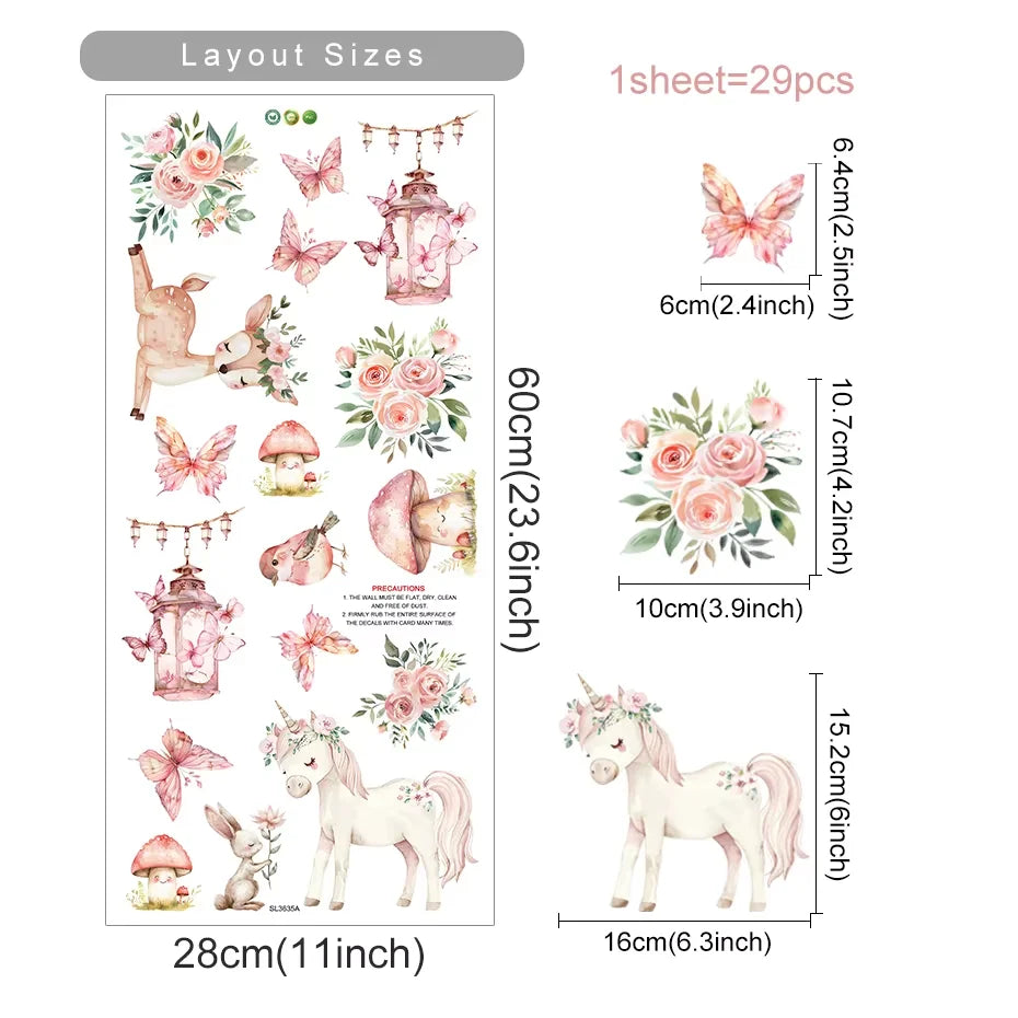 Cute Unicorn & Fairy Wall Decals – Soft Color Pastel Rainbow, Bear & Cloud Stickers for Baby Nursery & Kids’ Room Decor