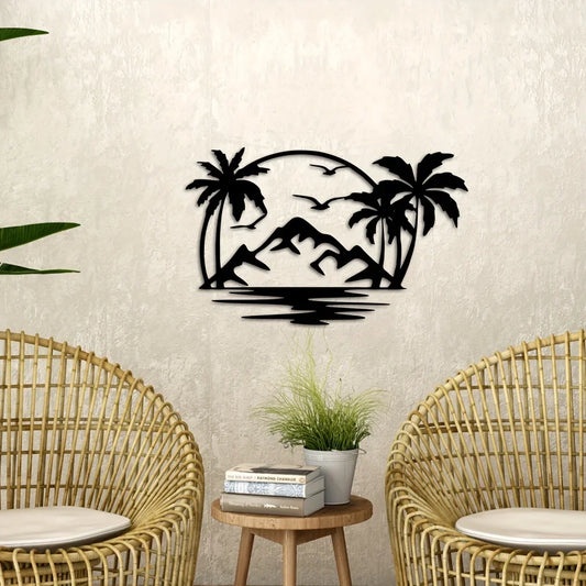 Tropical Palm Tree Island Metal Plaque Wall Decoration For Living Room Dining Room Creative Home Decor