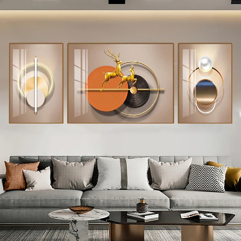 Set of 3Pcs Nordic Abstract Circle Of Light Auspicious Flowing Landscape Wall Art Fine Art Canvas Prints Pictures For Luxury Living Room Dining Room Wall Decor (Triptych, Set of 3)