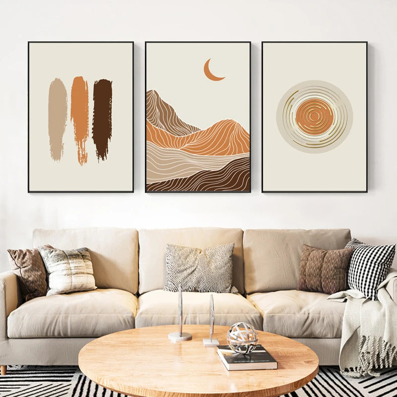 Abstract Geometric Taupe Terracotta Landscape Sun Moon Wall Art Fine Art Canvas Prints Pictures For Living Room Bedroom Art Decor