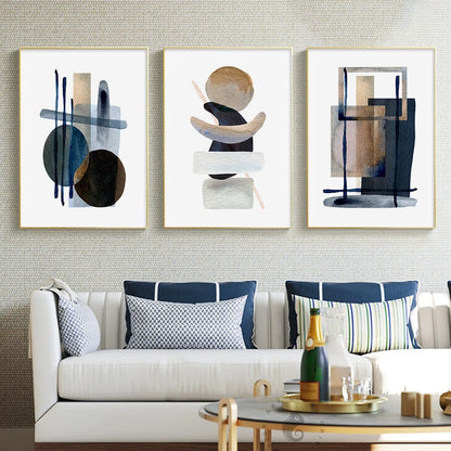 Neutral Colors Blue Brown Beige Watercolor Abstract Geometric Wall Art Fine Art Canvas Prints Pictures For Living Room Dining Room Bedroom Art Decor