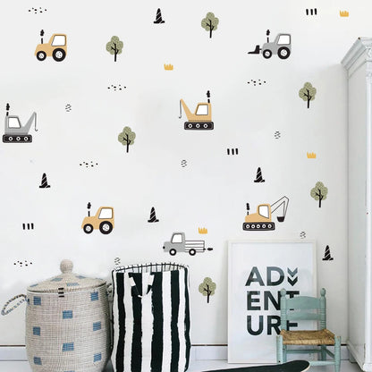 Cute Kids Construction Trucks Wall Stickers For Nursery Room Removable Peel & Stick PVC Wall Decals For Creative Children's Room Home Decor