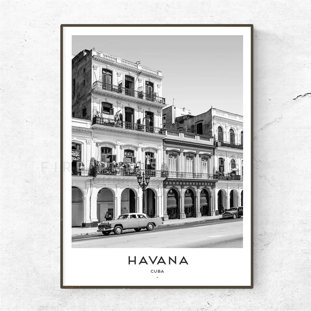 Cuba Havana Black & White Travel Poster Wall Art Fine Art Canvas Prints Pictures For Living Room Dining Room