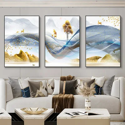 Set of 3Pcs Abstract Flowing Landscape Wall Art Fine Art Canvas Prints Auspicious Pictures For Living Room Home Office