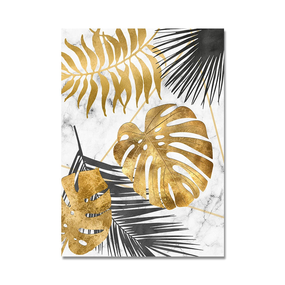 * Featured Sale * Modern Botanical Golden Tropical Leaves Wall Art Fine Art Canvas Prints Pictures For Living Room Kitchen Dining Room Wall Decor