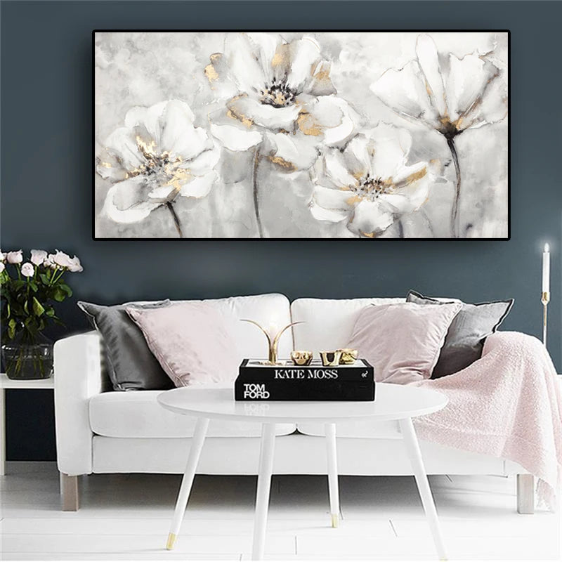 Big White Floral Abstract Wall Art Fine Art Canvas Prints Modern Botanical Pictures For Living Room Hotel Room Bedroom Art Decor