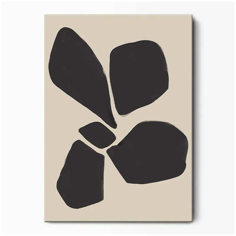 Abstract art print with black shapes on a beige background