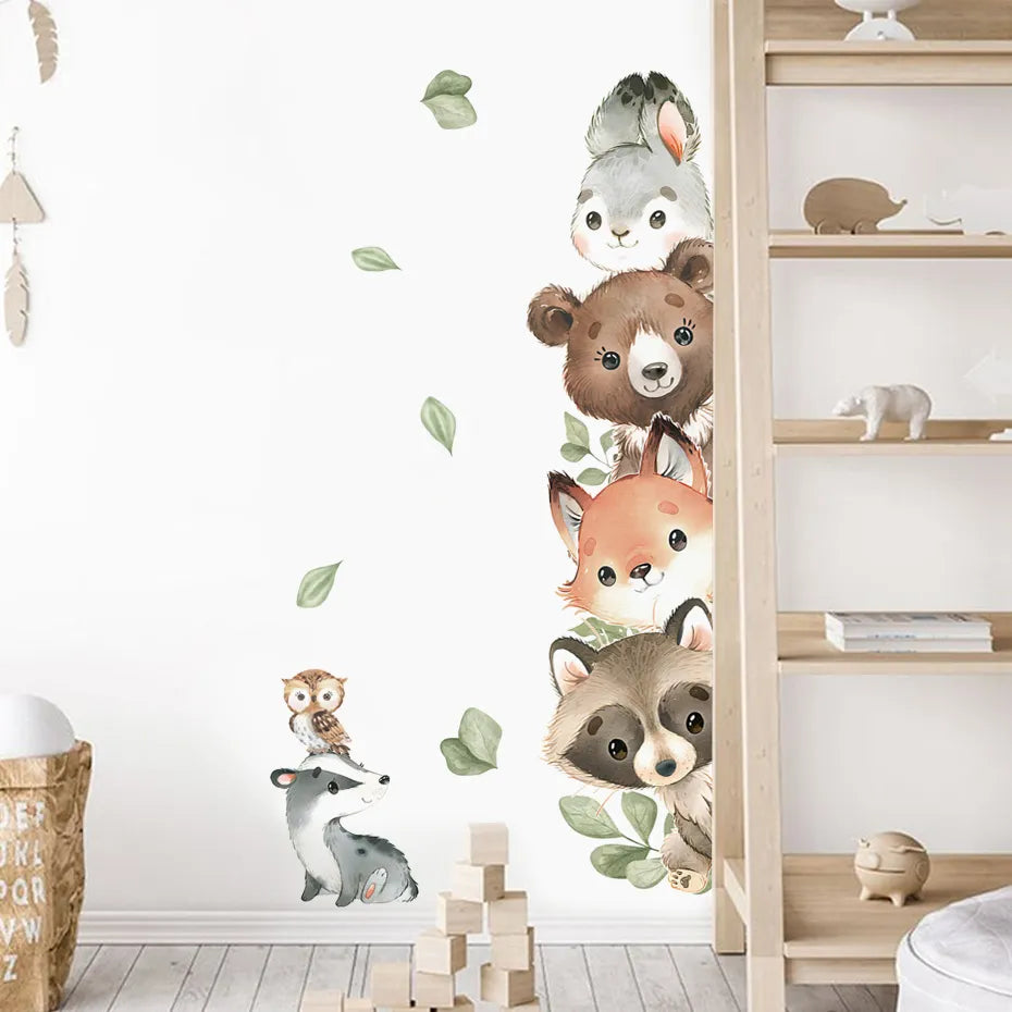 Cartoon Door Stickers Forest Animals Bear Rabbit Watercolor Wall Sticker for Kids Room Baby Nursery Room Wall Decals Home Decor