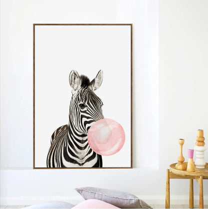 Baby Animals Pink Bubble Gum Zebra Giraffe Koala Bear Cub Cute Nursery Wall Art Fine Art Canvas Prints Posters For Baby's Room Decor