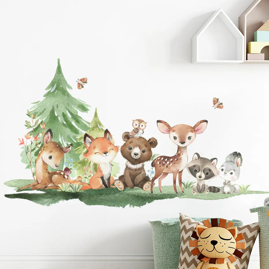 Cute Woodland Animals Wall Stickers For Children's Nursery Room Removable Peel & Stick PVC Wall Decals For Creative DIY Kid's Room Decor
