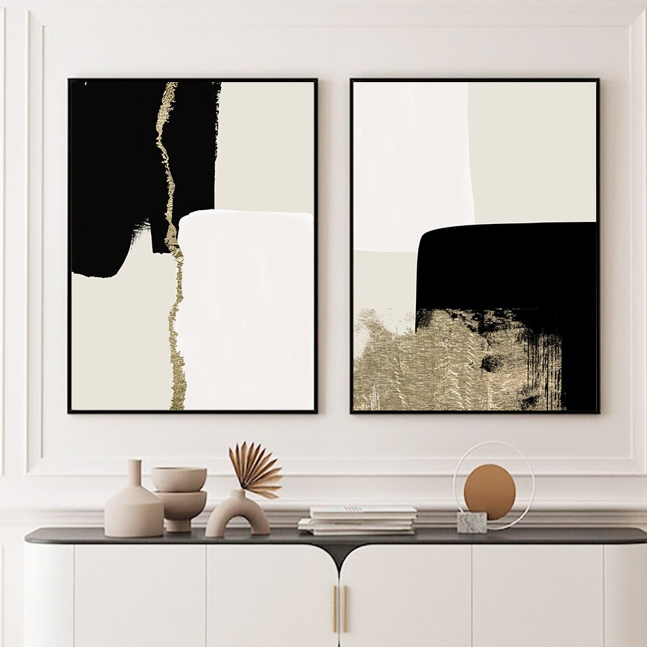 Abstract Black Beige Golden Color Block Wall Art Light Luxury Pictures For Modern Living Room Bedroom Contemporary Interior Decor