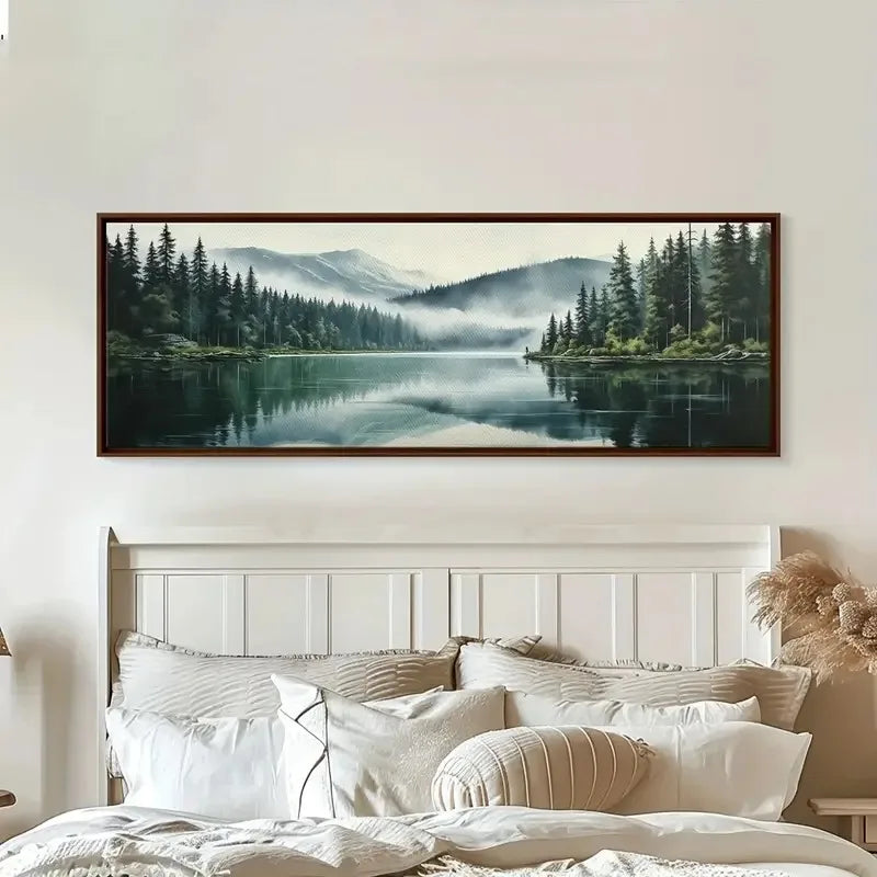 Wide Format Mountain Mist Canvas – Serene Foggy Forest Landscape Wall Art for Modern Living Room or Home Office Decor