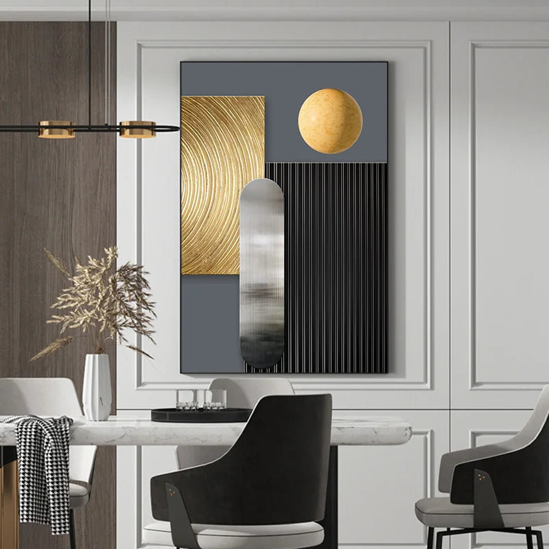 * Featured Sale * Modern Aesthetics Abstract Wall Art Fine Art Canvas Prints Black Grey Golden Geometry Pictures For Living Room Home Office Decor