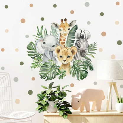 Cartoon Jungle Animals Leaves Watercolor Vinyl Wall Stickers for Kids Room Baby Nursery Room Decoration Elephant Giraffe Sticker