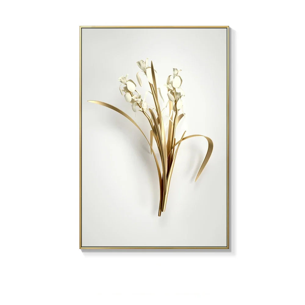 White Golden Minimalist Floral Wall Art Fine Art Canvas Prints Modern Abstract Botanical Pictures For Living Room Dining Room Home Office Decor