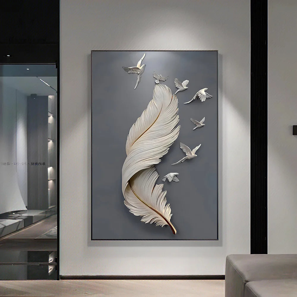 Seven Birds Feather Wall Art Fine Art Canvas Prints 3d Visualization Minimalist Abstract Pictures For Living Room Entranceway, Foyer Art Decor