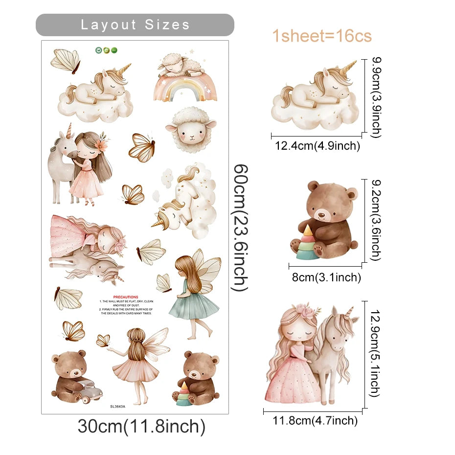Cute Unicorn & Fairy Wall Decals – Soft Color Pastel Rainbow, Bear & Cloud Stickers for Baby Nursery & Kids’ Room Decor
