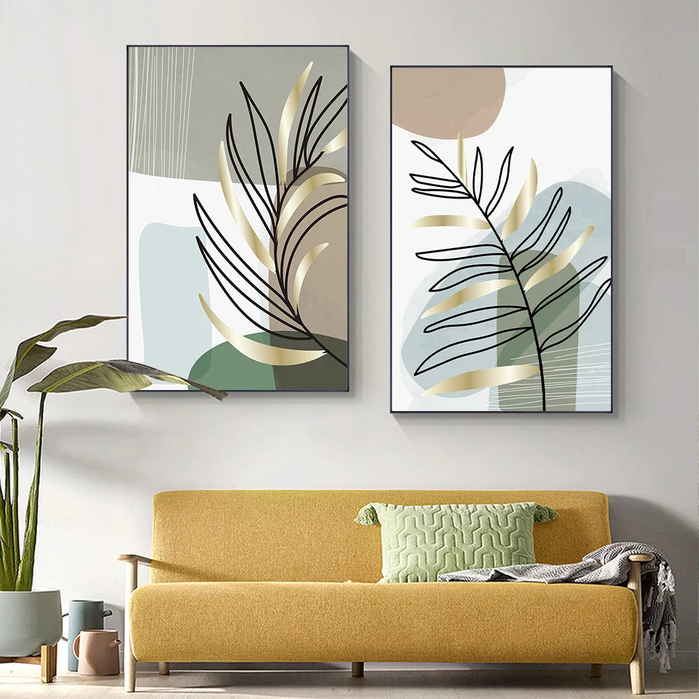 Set of 2PCS Botanical Abstract Line Art Leaves Wall Art Fine Art Canvas Prints Simple Nordic Pictures For Living Room Decor