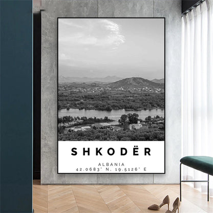 Shkoder Albania Travel Poster Black White Balkan Cityscape Landscape Wall Art Fine Art Canvas Prints Pictures For Home Office Decor