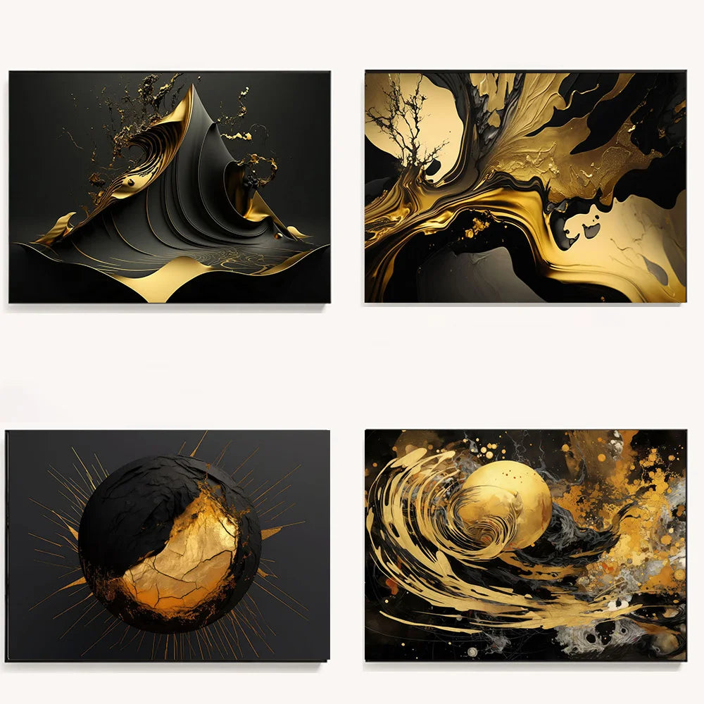 Modern Flowing Geometry Black Golden Abstract Wall Art Fine Art Canvas Prints Pictures For Living Room Dining Room Home Office Decor