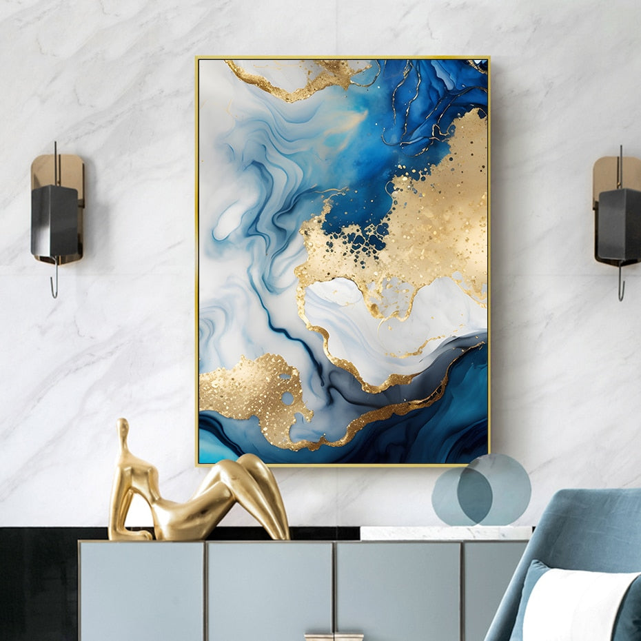 Set of 3Pcs Abstract Liquid Blue Golden Marble Print Wall Art Fine Art Canvas Prints Pictures For Modern Living Room Bedroom Home Office