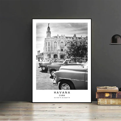 Cuba Havana Black & White Travel Poster Wall Art Fine Art Canvas Prints Pictures For Living Room Dining Room