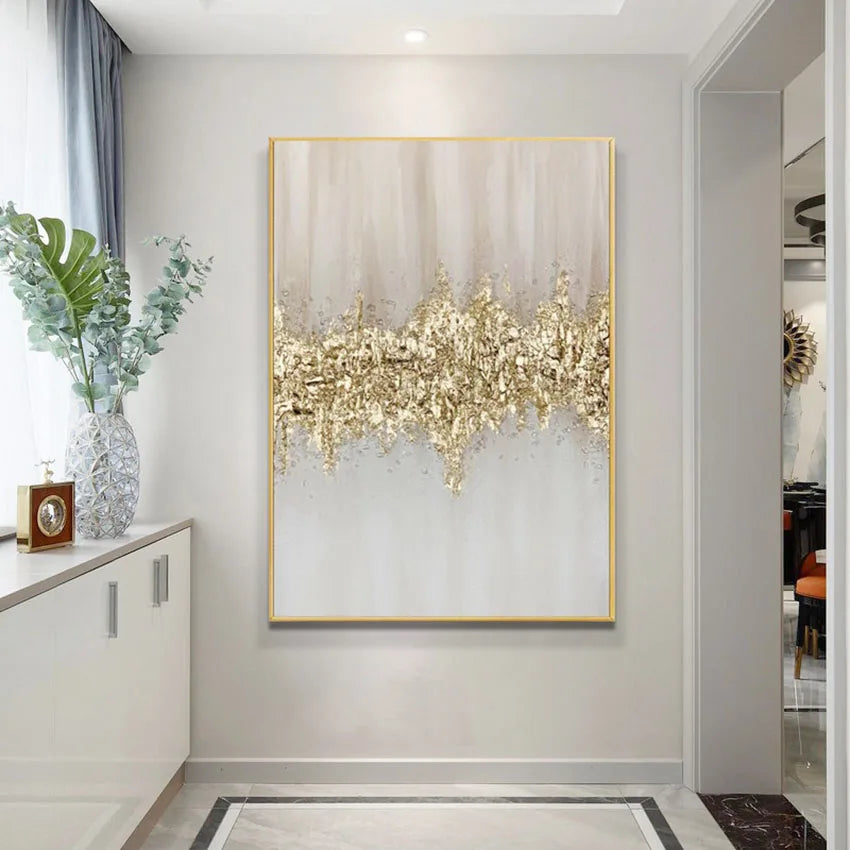 * Hand Painted * Large Format Golden Abstract Wall Art Painting Textured Brushed Strokes Acrylic Oil On Canvas Picture For Living Room Decor