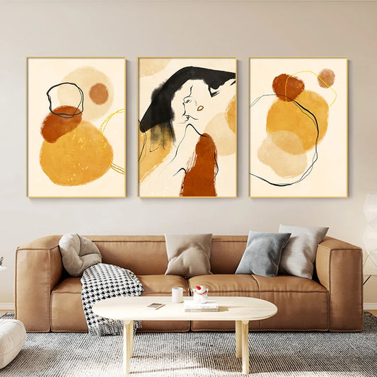 Modern Fashion Abstract Figure Art Fine Art Canvas Prints Bright Orange Yellow Black Pictures For Boutique Living Room Bedroom Salon Art Decor