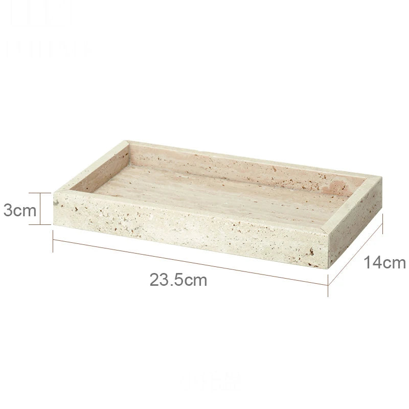 Beige stone tray with dimensions labeled on a white background