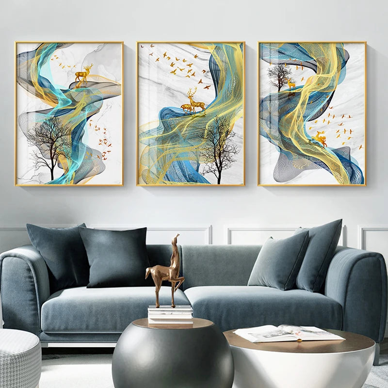 Golden Deer Auspicious Abstract Landscape Wall Art Fine Art Canvas Pri ...