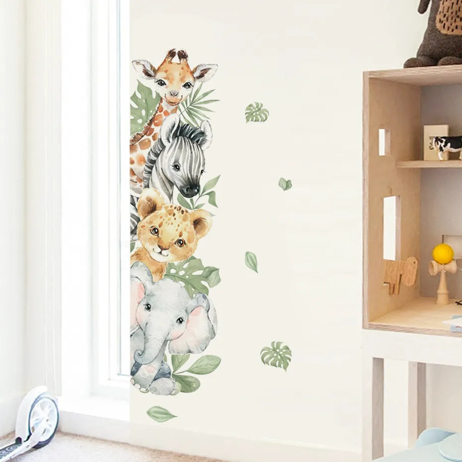 Cute Jungle Animal Friends Nursery Door Stickers Wall Decals Removable Peel & Stick Vinyl Wall Decal Creative DIY Kid's Room Home Decor