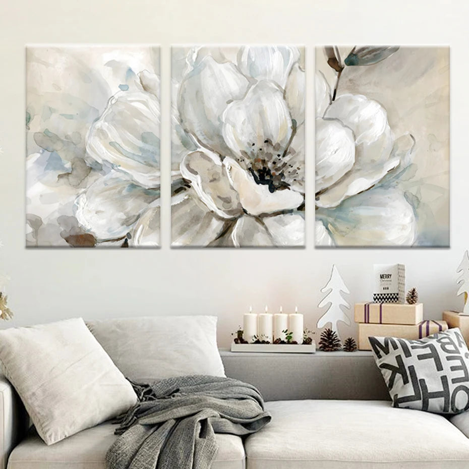 Big Beige White Floral Wall Art Fine Art Canvas Prints Modern Botanical Pictures For Living Room Dining Room Bedroom Art Decor