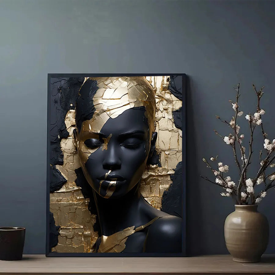 Modern Abstract Black Golden Woman Portrait Wall Art Fine Art Canvas Print Pictures For Entrance Foyer Reception Hallway Light Luxury Home Decor
