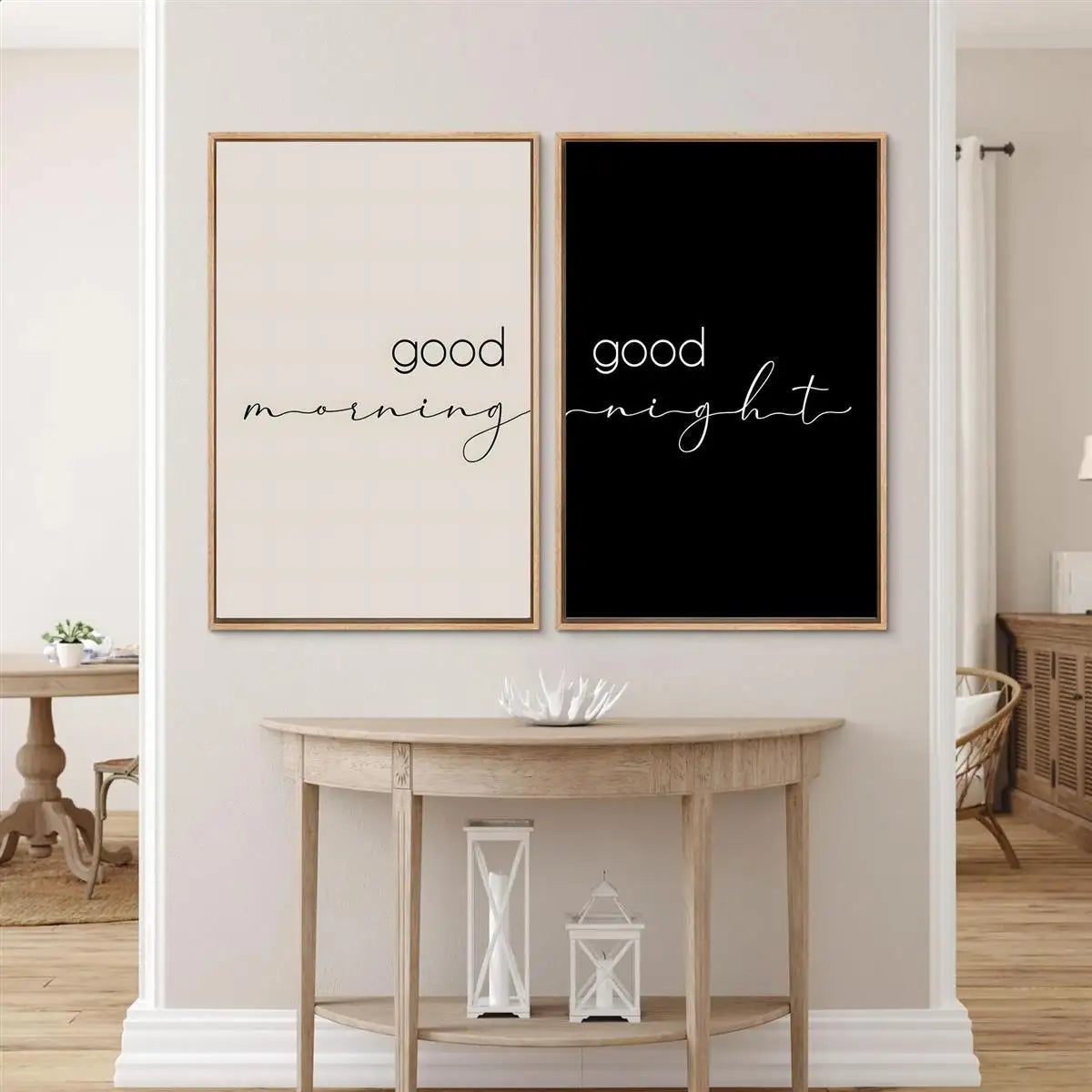 Good Morning Good Night Typography Wall Art Set of 2Pcs Unframed Modern Minimalist Black/Beige Canvas Prints