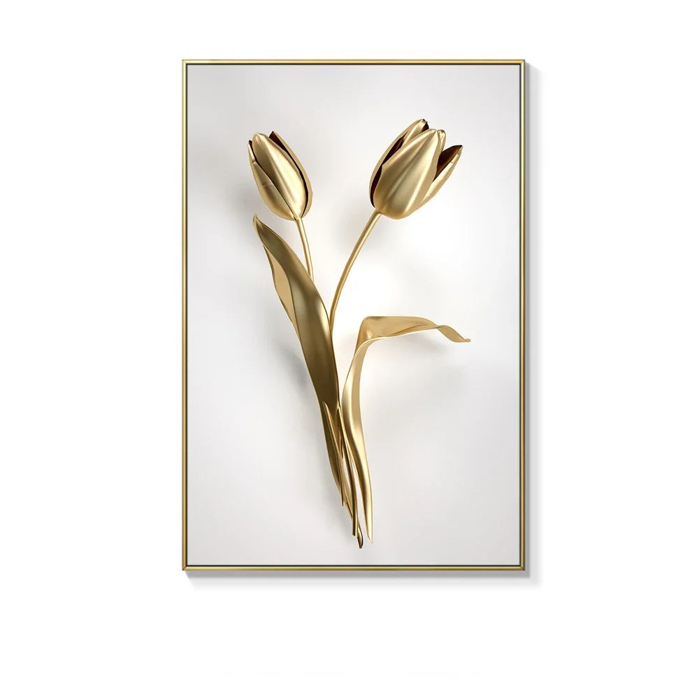 White Golden Minimalist Floral Wall Art Fine Art Canvas Prints Modern Abstract Botanical Pictures For Living Room Dining Room Home Office Decor