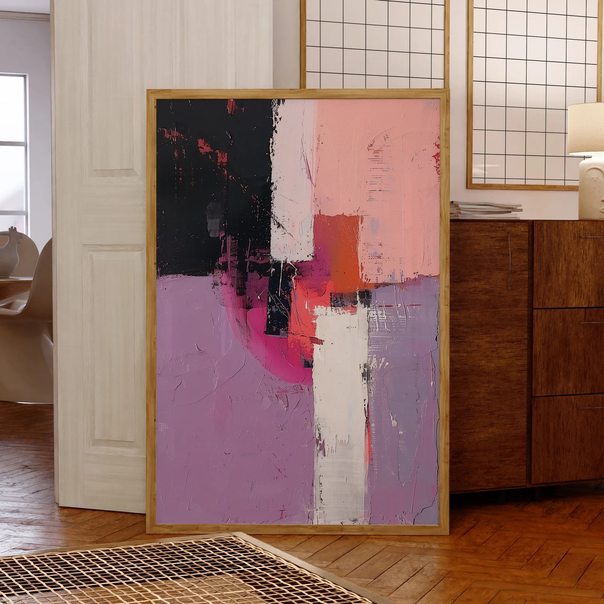 Modern Abstract Pink Black Purple Color Block Wall Art Fine Art Canvas Prints Pictures For Living Room Bedroom Art For Contemporary Interiors