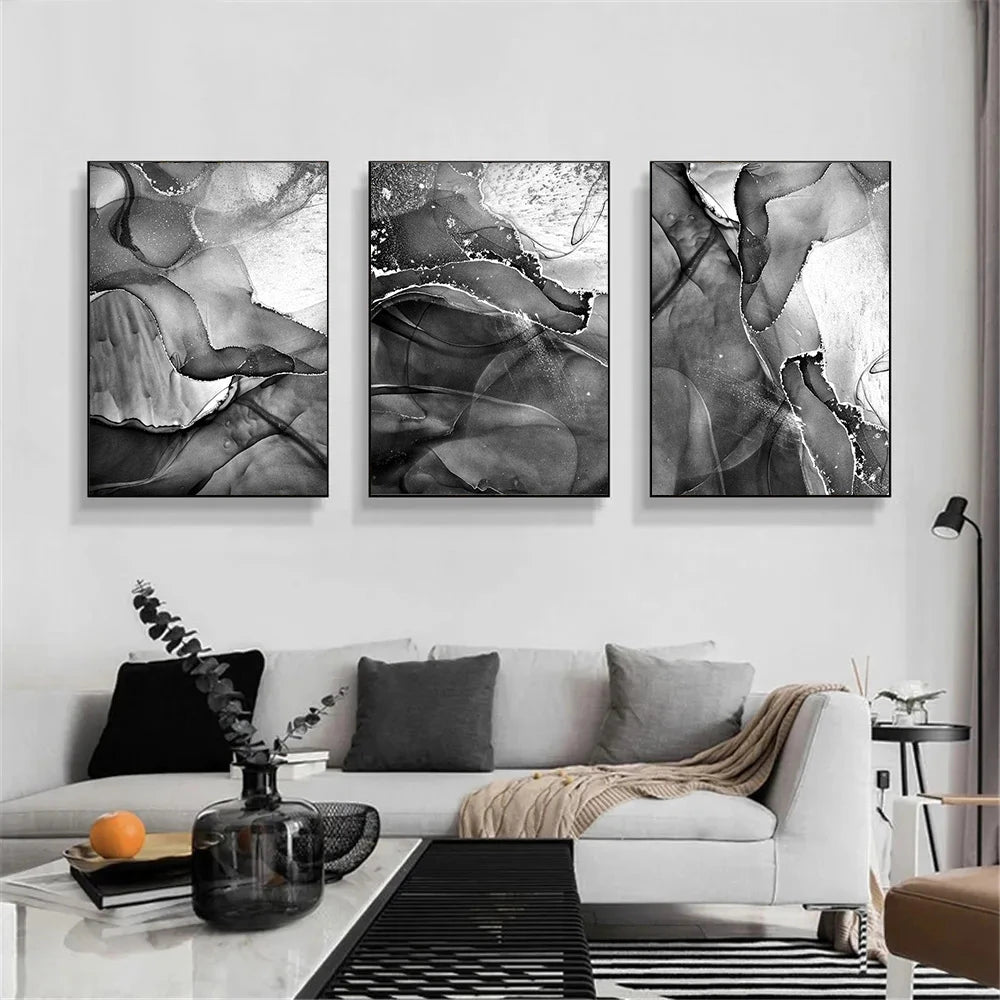 Set of 3Pcs Modern Gray Black and White Marble Canvas Painting Wall Art Print Abstract Posters And Prints Nordic Wall Pictures Bedroom Decor