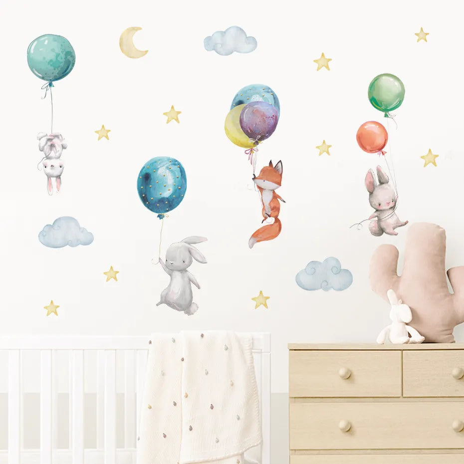Cute Colorful Cartoon Bunnies Balloons Nursery Wall Stickers Removable Peel & Stick Vinyl Wall Decals For Creative DIY Kid's Room Wall Decoration
