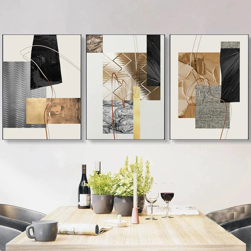 Golden Geometric Montage Abstract Wall Art Fine Art Canvas Prints Pictures For Modern Apartment Living Room Bedroom Home Office Hotel Art Decor