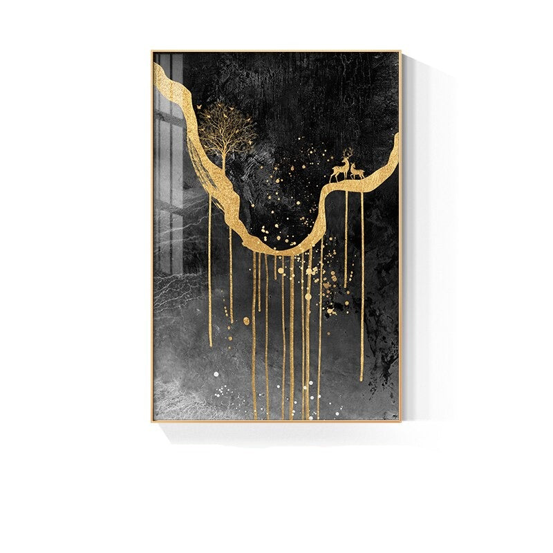 Black Golden Deer Auspicious Landscape Wall Art Fine Art Canvas Prints Nordic Abstract Pictures For Luxury Living Room Home Office Decor