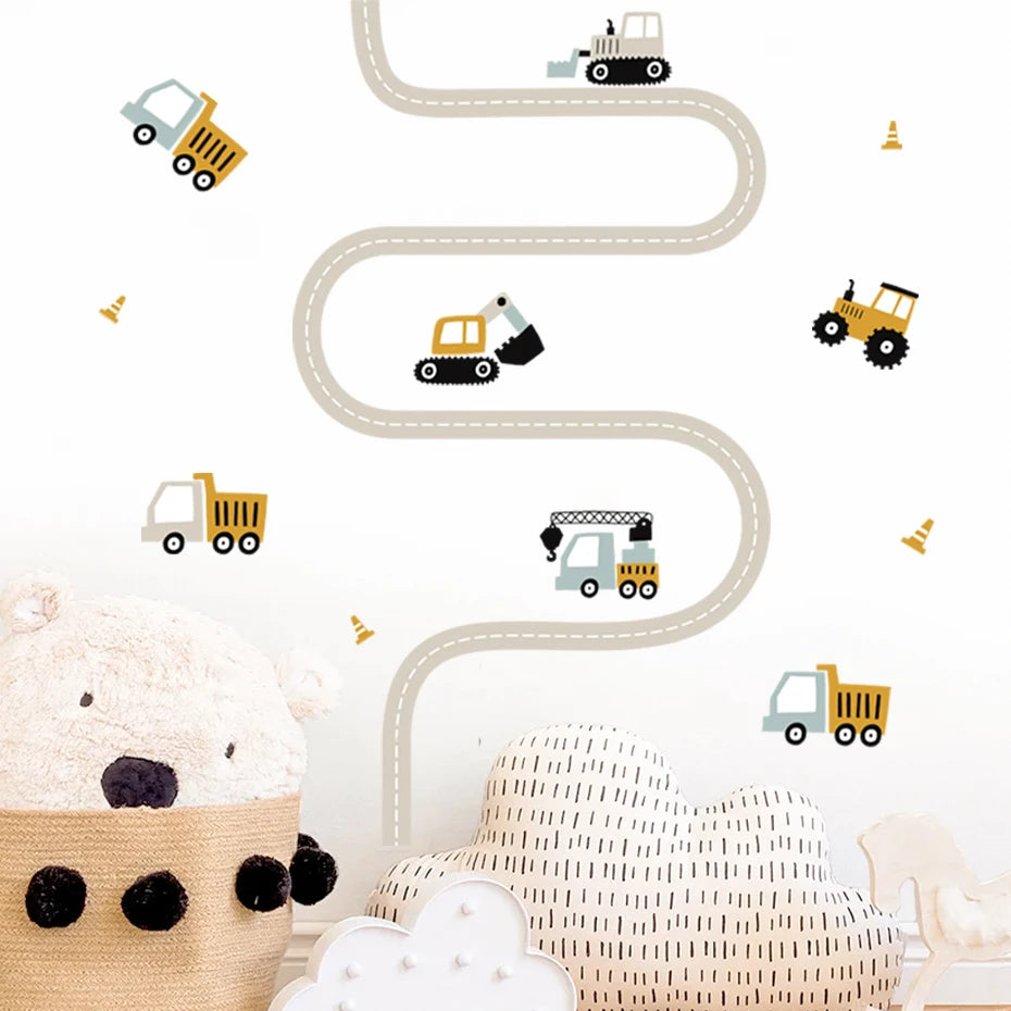 Cute Construction Tractors & Trucks Wall Stickers For Boy's Room Removable Peel & Stick Vinyl Wall Decals For Kids Bedroom Creative DIY Decor