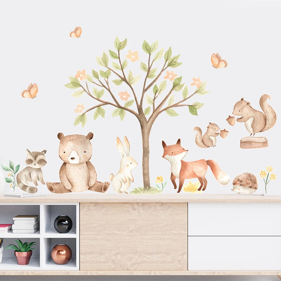 Cute Deer Rabbit Fox Squirrels In The Tree Wall Stickers For Children's Nursery Room Removable Peel & Stick Vinyl Wall Decals Creative DIY Decor
