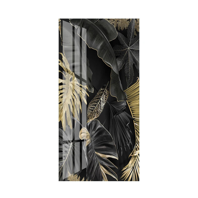 Modern Botanical Tropical Golden Leaves Wall Art Fine Art Canvas Prints Vertical Format Pictures For Living Room Lobby Foyer Reception Room Art Decor