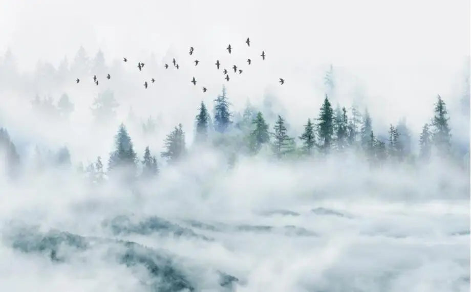 Misty Forest Landscape Wall Mural Big Format Printed Nordic Wallcovering Wallpaper For Modern Living Room Creative Home Office Wall Decor