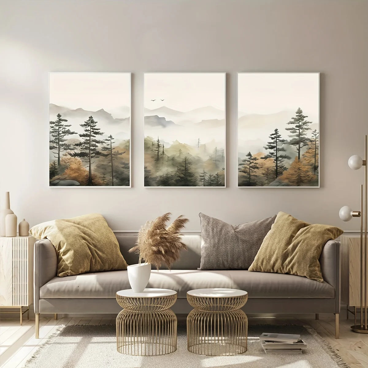 Set of 3Pcs Misty Mountain Forest Wall Art Fine Art Canvas Prints Modern Landscape Neutral Tones Artwork For Living Room