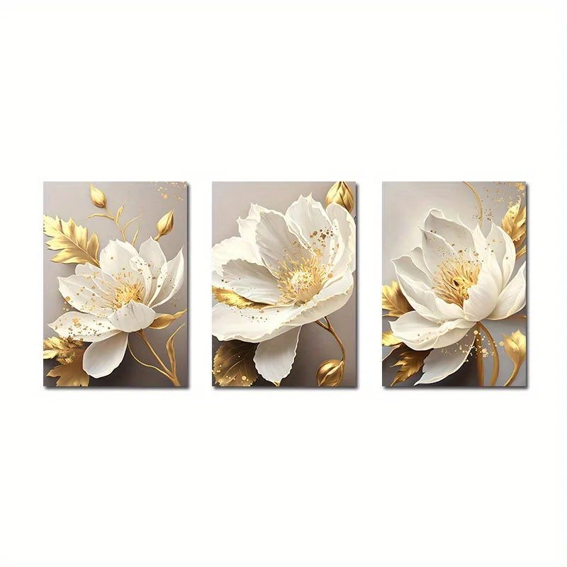 Abstract Nordic Floral White Petal Golden Leaf Flowers Wall Art Fine Art Canvas Prints Pictures For Bedroom Living Room Hotel Room Art Decor