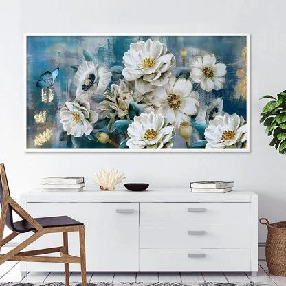 Serene Elegance White Blossoms and Blue Butterflies Canvas Print Wall Art Abstract Floral Picture For Modern Living Room